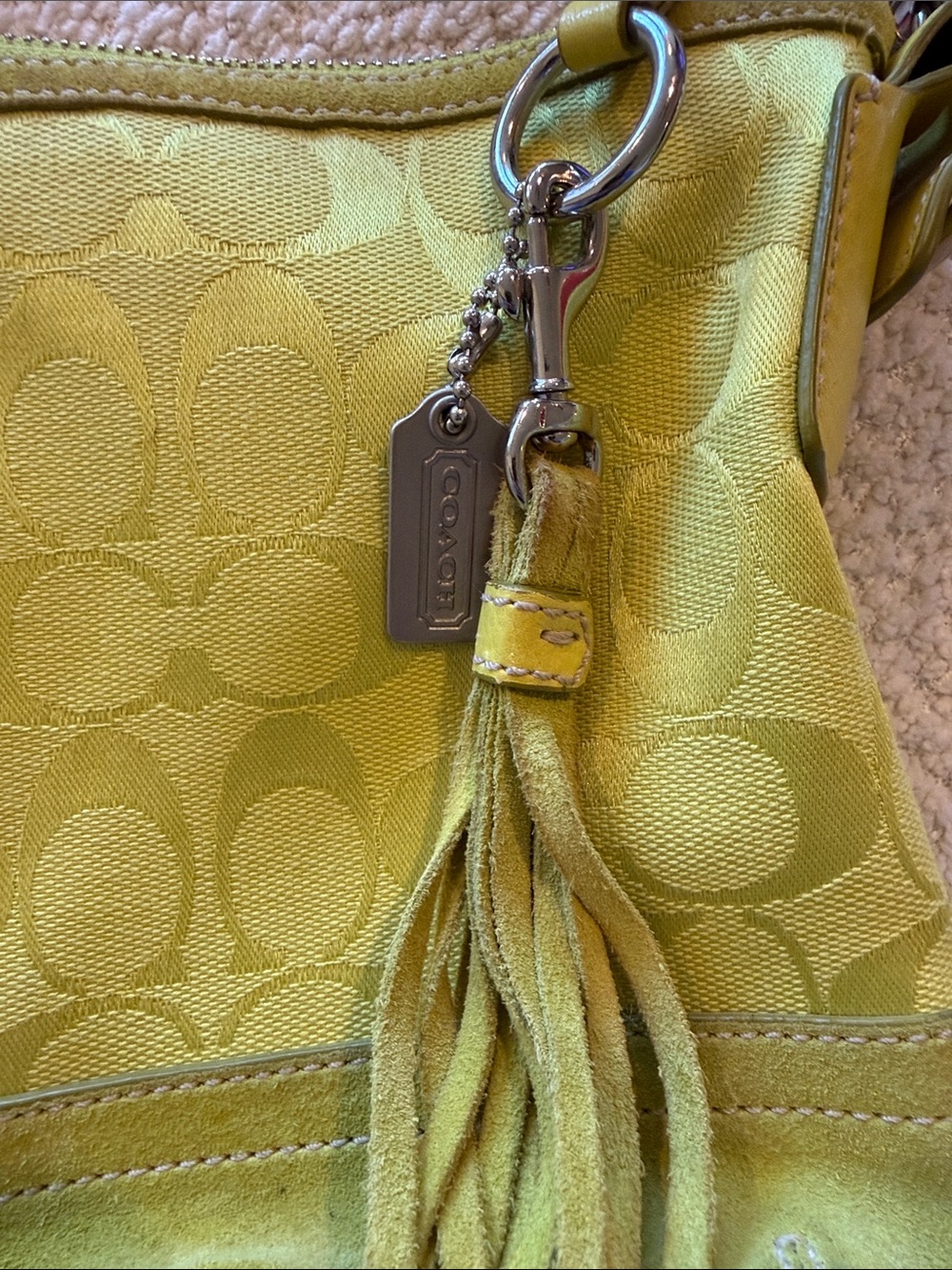 Coach Lime Green Signature Jacquard Shoulder Bag with Tassel - Picture 2 of 6